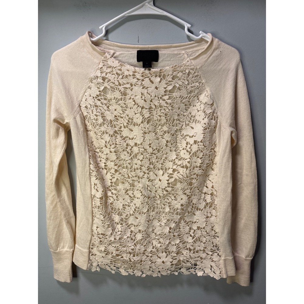 J. Crew Black Label Collection Merino Wool Lace Front Sweater Cream Ivory Small